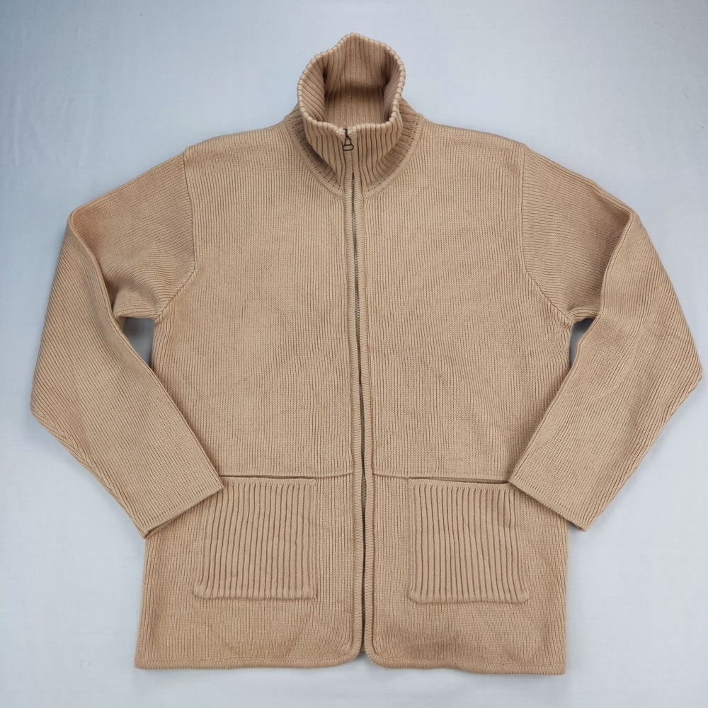 Tally-Ho Cardigan Sweater Womens L Tan Light Camel Full Zip Mock Neck Pockets NW